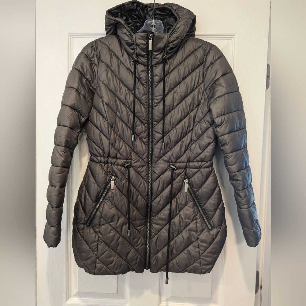 French Connection Anorak Packable Puffer hooded brown long winter jacket coat XS